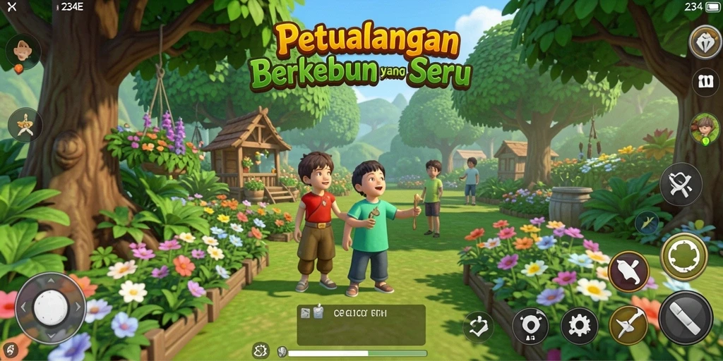 Gameplay menarik dalam 234E dengan kebun yang subur dan hewan peliharaan.