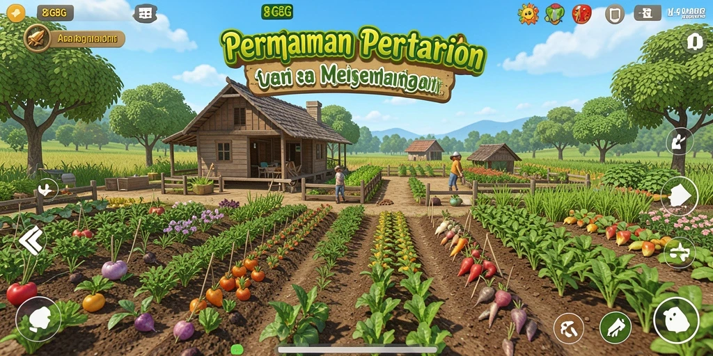 Tampilan gameplay seru dalam bertani dengan berbagai tanaman dan interaksi sosial.