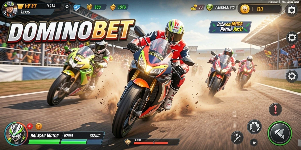 Gameplay seru DOMINOBET saat balapan motor di lintasan menantang.