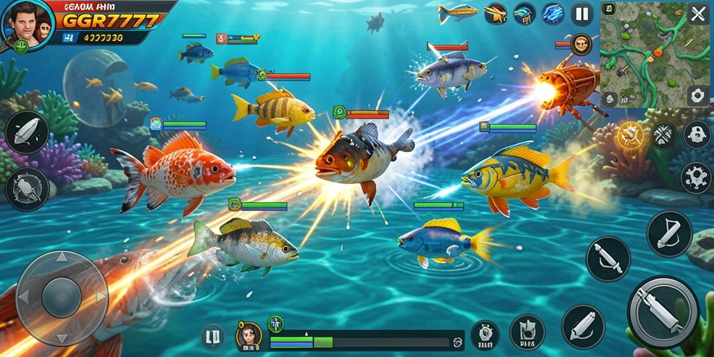 Screenshot gameplay GGR7777 dengan aksi menembak ikan.