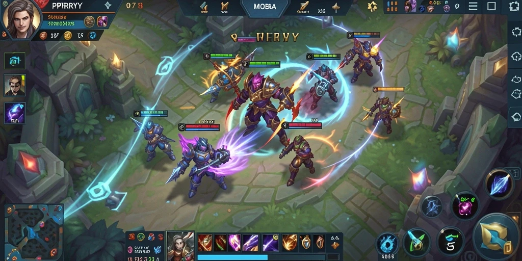Screenshot gameplay PPRRYY menunjukkan pertempuran seru di arena MOBA.