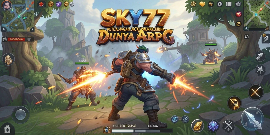 Screenshot menunjukkan aksi pertarungan seru dalam <strong>SKY77</strong> dengan latar belakang yang menakjubkan.