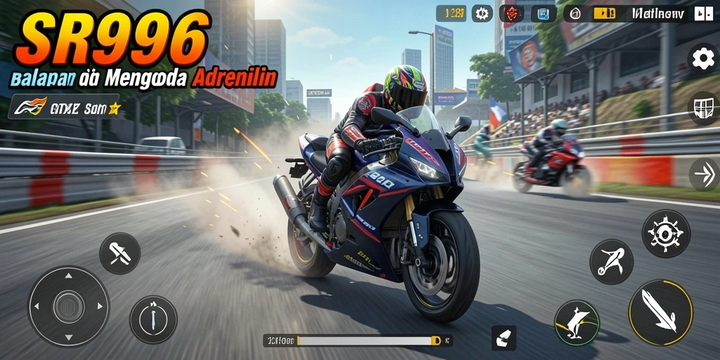 Screenshot gameplay SR996 menampilkan aksi balapan motor yang mendebarkan.